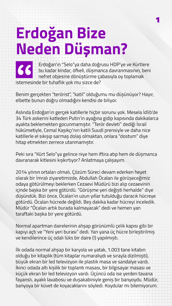hdpdemirtas's tweet photo. Yedi yıldır bizi hukuk dışı şekilde bir hücrede tutmasına rağmen meydan meydan dolaşıp iftira, hakaret yağdırmaktan geri durmayan AKP Genel Başkanı bize neden bu kadar düşmanlık ediyor? Lütfen okuyun. https://t.co/HwXysSgl0M https://t.co/GQGDbm4lX6