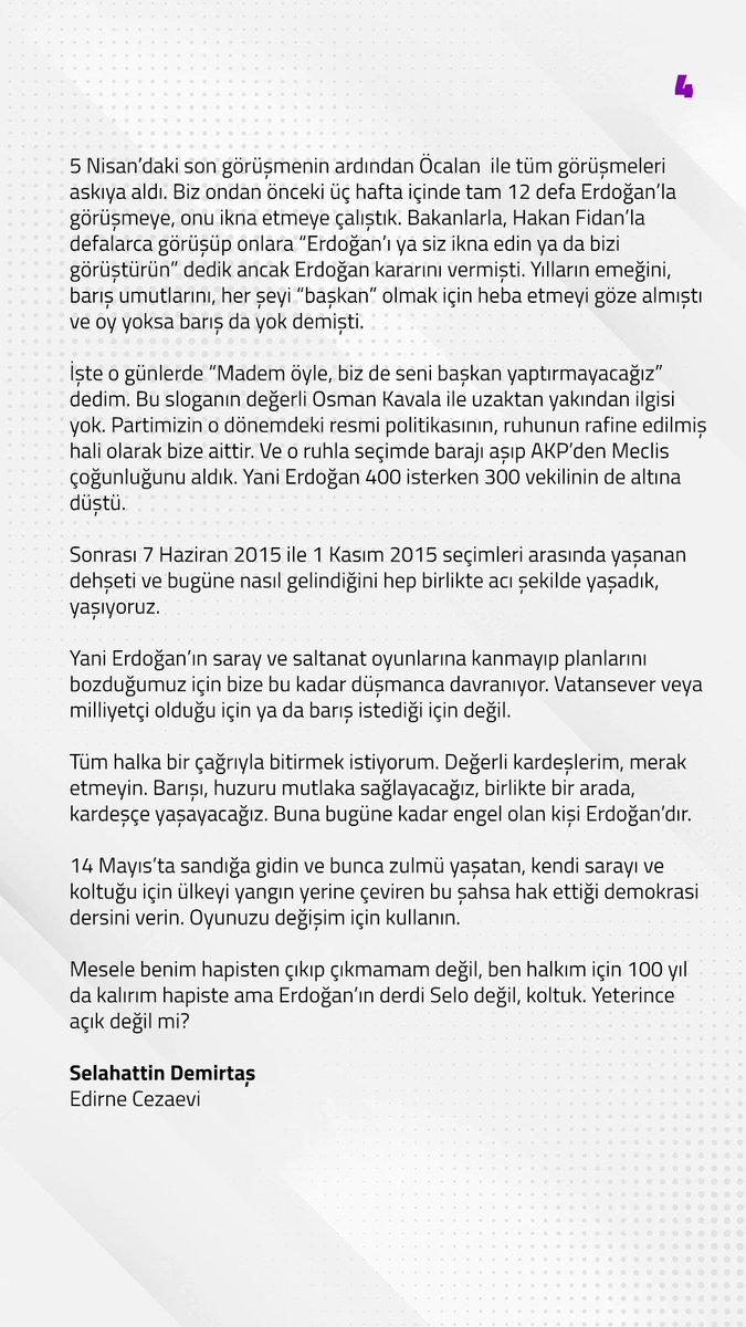 Yedi yıldır bizi hukuk dışı şekilde bir hücrede tutmasına rağmen meydan meydan dolaşıp iftira, hakaret yağdırmaktan geri durmayan AKP Genel Başkanı bize neden bu kadar düşmanlık ediyor? Lütfen okuyun. demirtasinfo.com/tr/yazilar-rop…