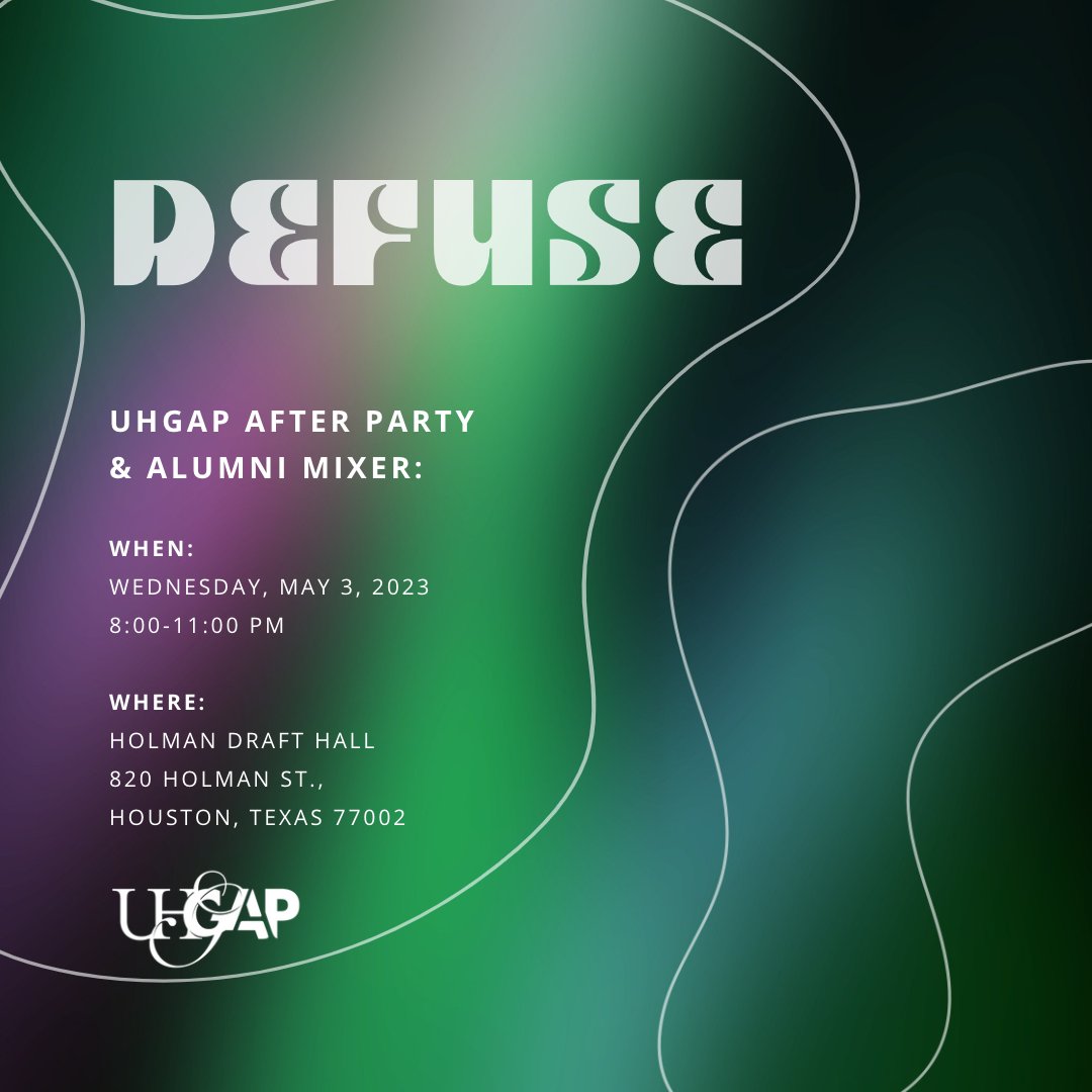 UHGAP's tweet photo. Don’t forget to stop by Holman Draft Hall on May 3 after the Senior Show for DEFUSE, the UH GAP After Party &amp; Alumni Mixer. See you there! 

More info here: https://t.co/y7n2BMXHqX

Graphics by Katie Smetherman, @brandstudiocreative, Class of 2014. https://t.co/GCE8COEdVP