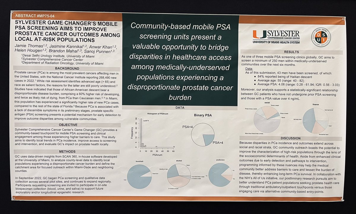 As 1 of 3 mobile PSA screening units worldwide, @SylvesterCancer Gamechanger mobile clinic aims to bridge healthcare disparities in underserved populations facing a disproportionate prostate cancer burden #AUA23 #DEI @sanojpunnen @BrandonMahal @HougenHY @anwarkhan81