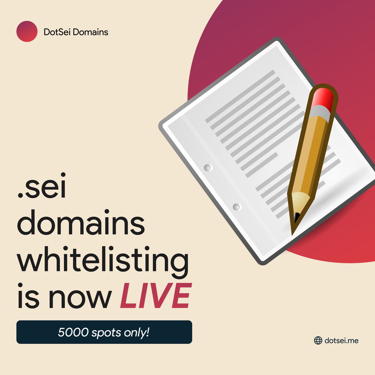 Ahoy! Seilors 🚢🫡

Announcing .sei Domains exclusive whitelisting 🔴 

Don't miss your chance to set sail on this exciting new adventure! 🌊

We're live on dotsei.me 🌐

Grab one of the limited 5000 spots available now! ⚡

@seinetwork