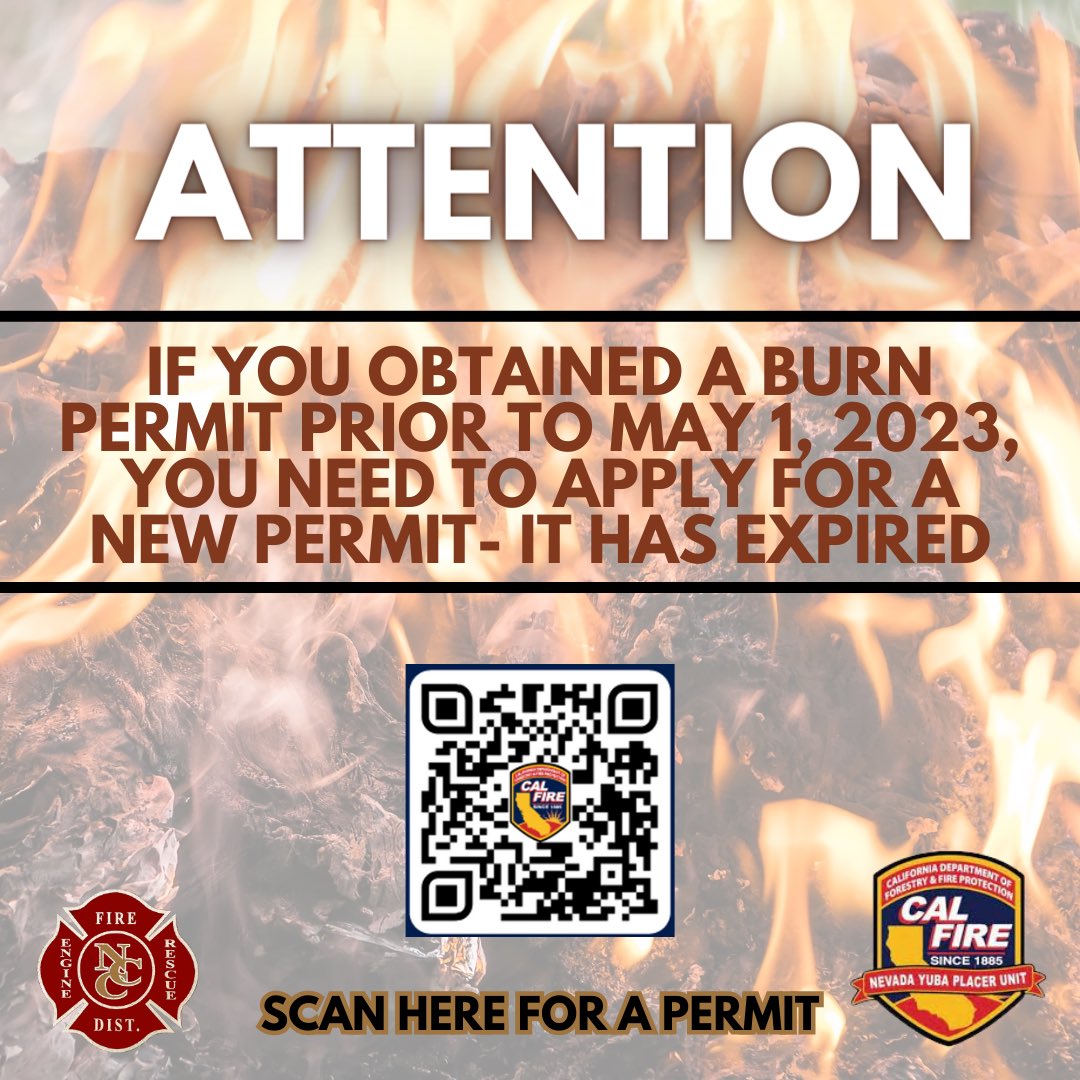 Effective today, all residential pile burning requires a permit in Nevada County. Permits must be in possession. If you applied for a permit prior to today, that permit is now expired! Permits are valid May 1st of each year, require annual renewal and are issued free of charge.
