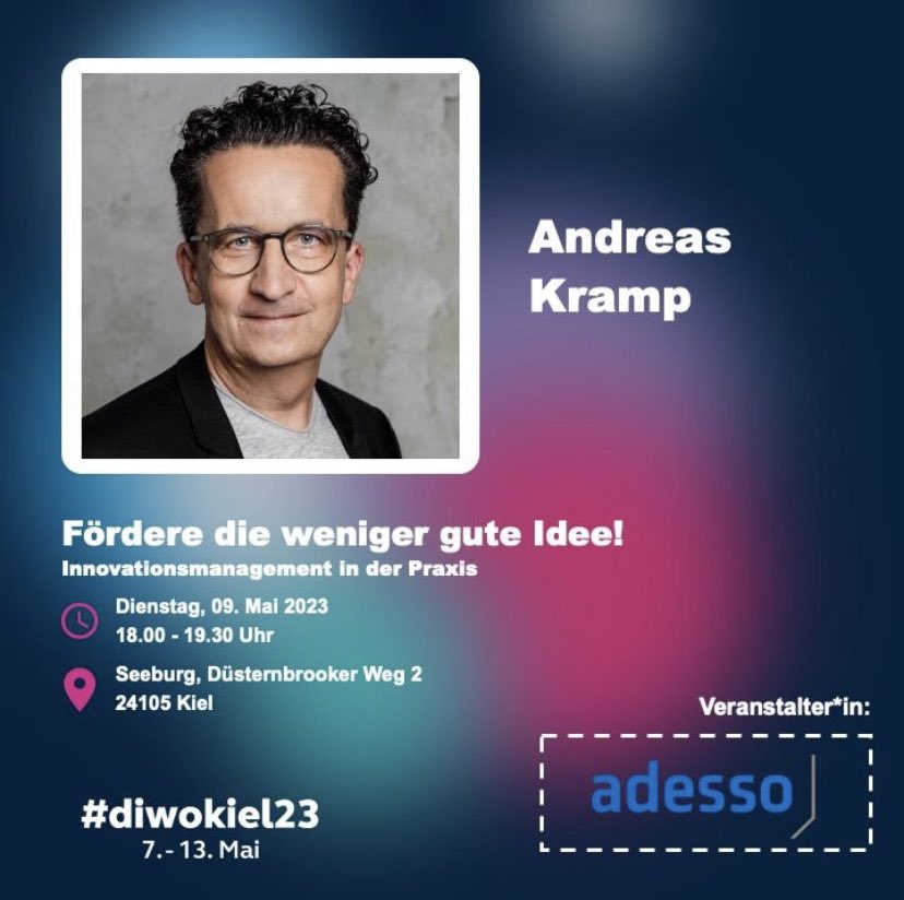 Wie gehen wir mit Ideen im Unternehmen um? Schützen wir die Ideen, oder lassen wir nur die Ideen weiter bearbeiten, die unseren Denkmustern entsprechen? Fördern wir die weniger gute Idee, kann einfach mehr entstehen! #ideen #innovation #diwokiel 
digitalewochekiel.de/programm/01gy0…
