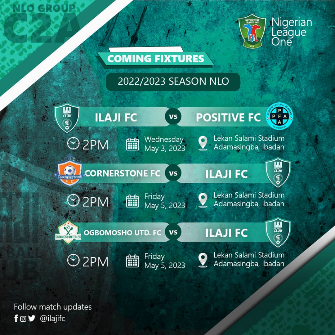 Coming up matches.
NIGERIA
LEAGUE
ONE
(NLO)
.
#ilajisport #ilajifc #ilajiresort
#IlajiStadium #Gladiators #NLO23