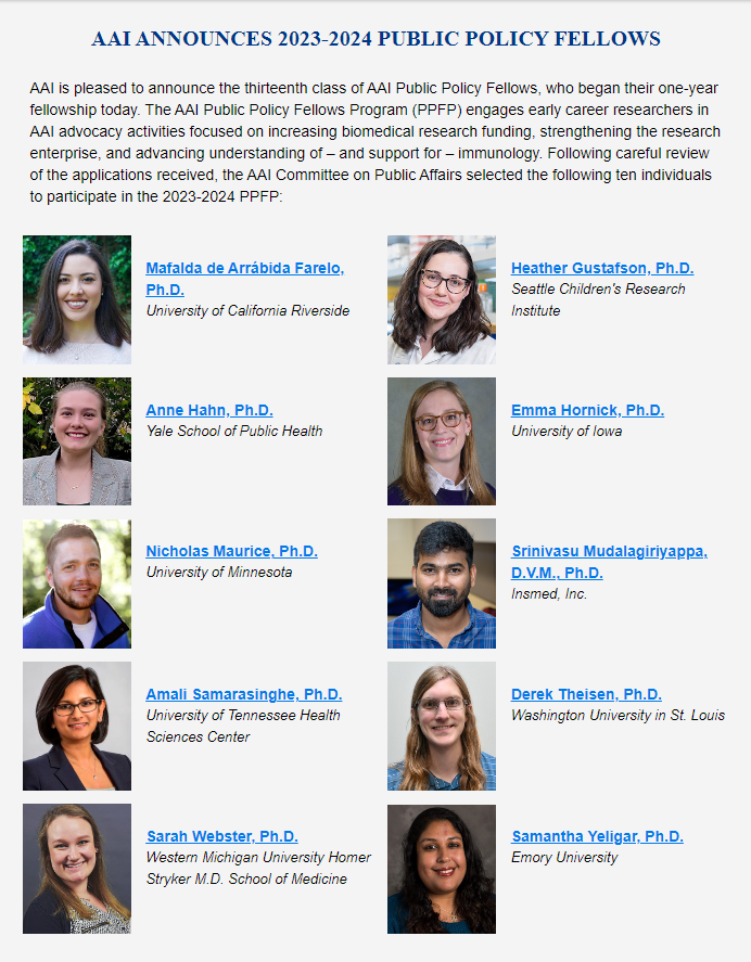 AAI is pleased to announce its 13th class of Public Policy Fellows. This impressive group of early career researchers began their fellowship year today and will participate in a Capitol Hill Day next spring. See the 2023-2024 participants here: aai.org/Public-Affairs…