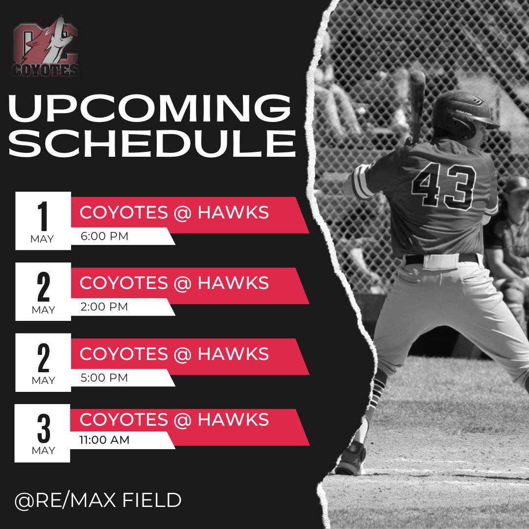 The Yotes (13-7) face off against @ECHawksBaseball (11-9). 

#canadasleague #ccbcofficial #ccbc #occoyotesbaseball #HeartheHowl #JointheHunt #defendthetitle🏆 

@OkanaganCollege  @CCBaseballConf @CastanetNews @KelownaCourier @KelownaNow  @KelownaCapNews @GlobalOkanagan