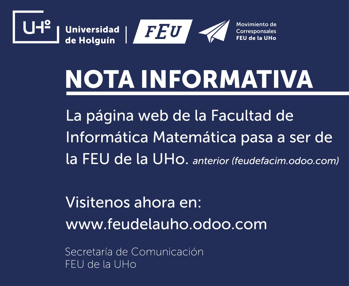 👉 La <a href="/FEUdelaUHo/">FEU de la UHo</a> ya cuenta con web propia. 👏 

✊ La iniciativa que surgió en la <a href="/UHo_FEUdeFACIM/">UHo-FEU de FACIM</a>, hoy pasa a ser parte del proyecto de comunicación que se ha propuesto implementar dicha Secretaría.

#SomosFEU #SomosUHo
#EspacioParaCrecer

Visítanos en: 
feudelauho.odoo.com