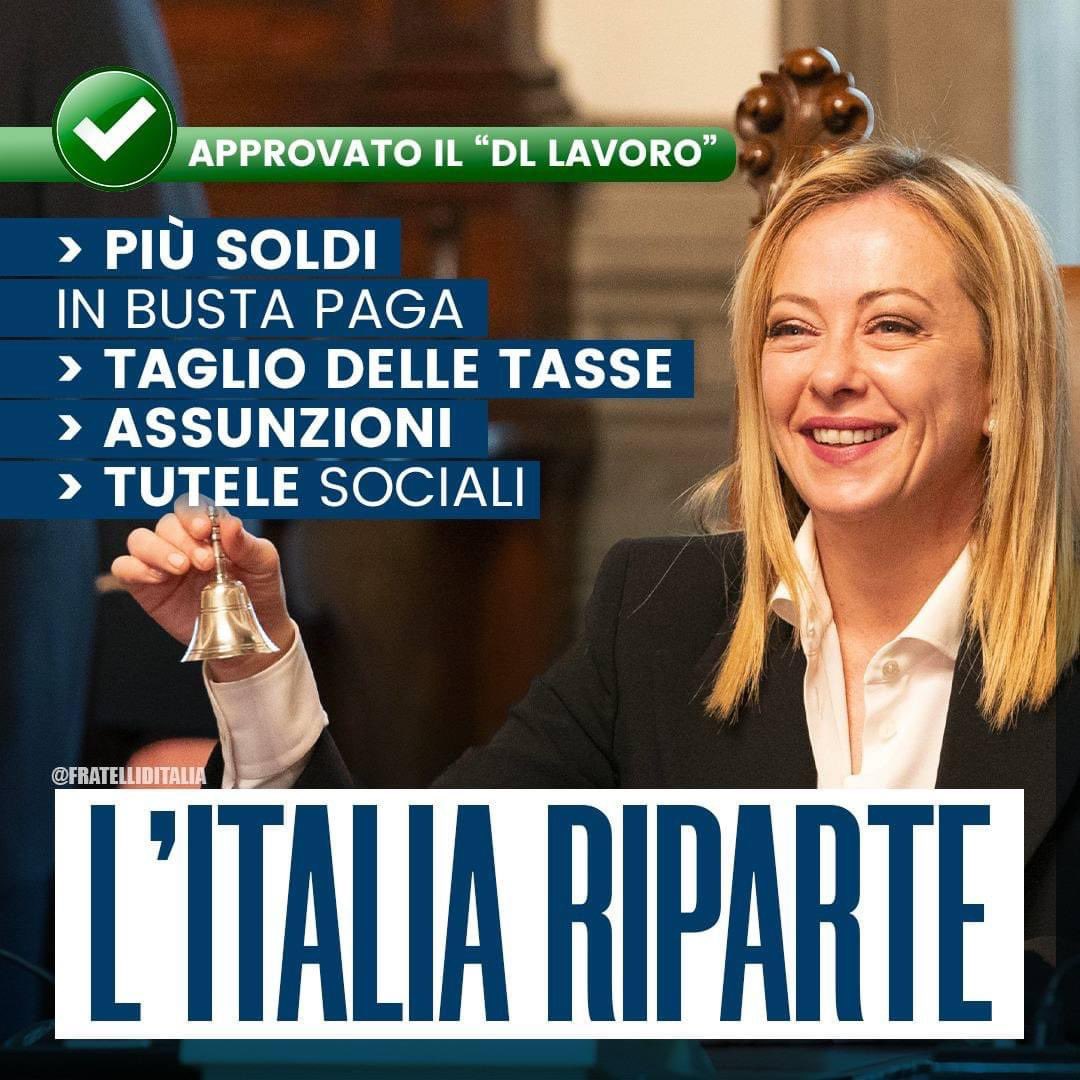 🔵 Grazie al “Dl Lavoro”, approvato oggi dal Consiglio dei Ministri, sono previsti più soldi in busta paga per i lavoratori, incentivi per chi assume, tagli alle tasse e tutele per famiglie e categorie fragili. Il Governo Meloni restituisce fiducia, credibilità e futuro 🇮🇹
