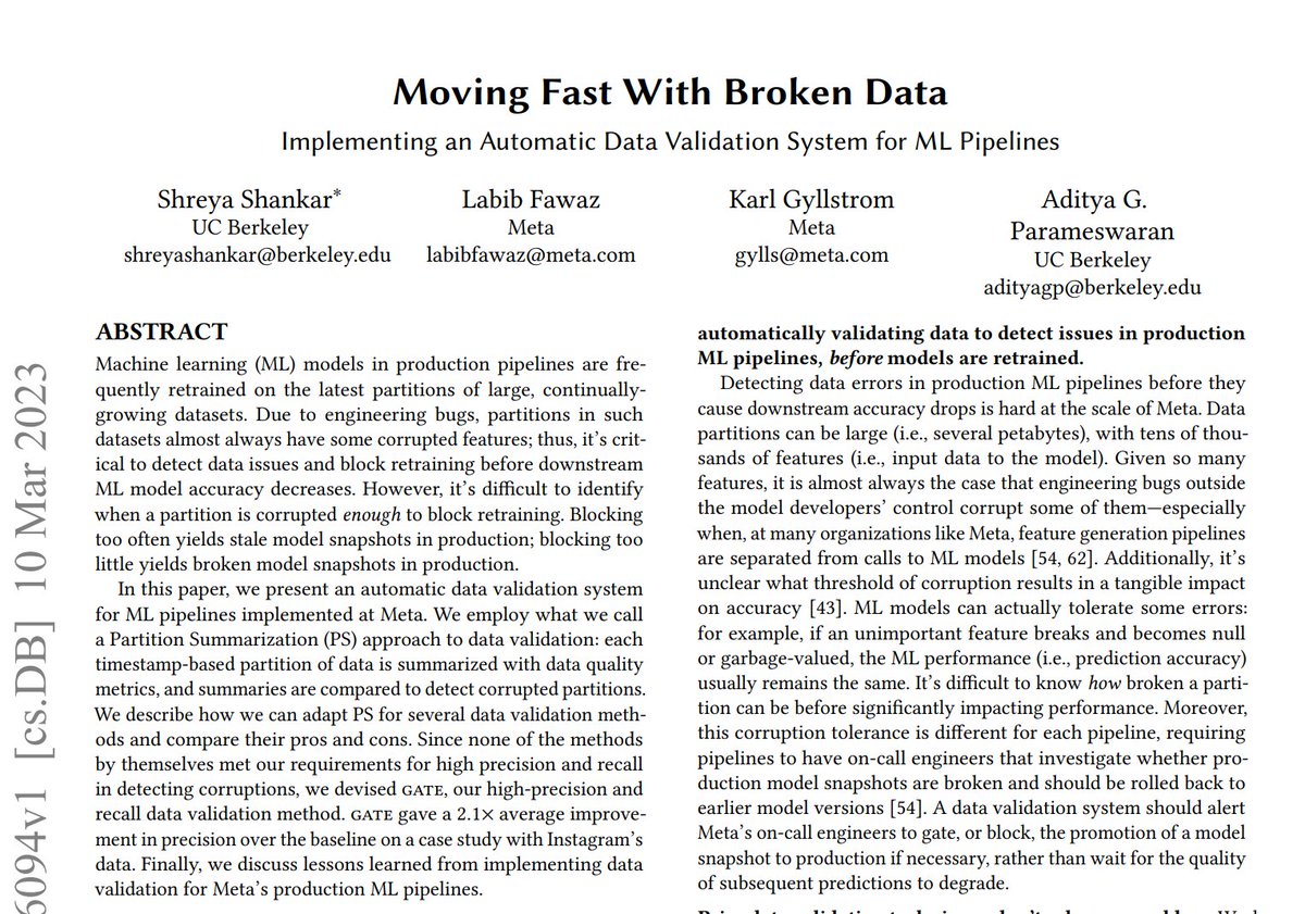 adnanmasood's tweet image. 1/ 🧵 &quot;Moving Fast With Broken Data: Implementing an Automatic Data Validation System for ML Pipelines&quot; by @sh_reya et al - offers valuable insights into implementing automatic data validation for ML pipelines in large-scale industrial settings - Link: arxiv.org/pdf/2303.06094…
