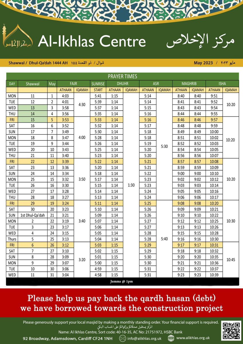 May prayer timetable