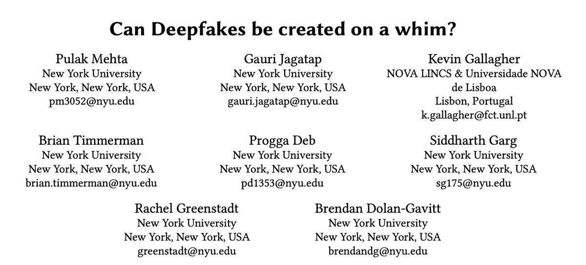I've been distracted by a very tiny, loud new human so didn't have a chance to announce – Pulak just presented our user study (with many excellent coauthors pictured below) on whether casual users can create DeepFakes and what issues they encounter! Paper: dl.acm.org/doi/10.1145/35…