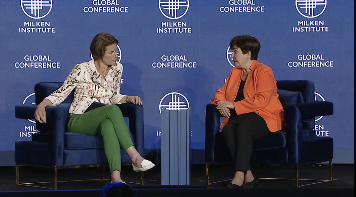 KGeorgieva's tweet photo. My message to the @MilkenInstitute Global Conference: ‘Think about the unthinkable!’ After the pandemic and Russia’s war on Ukraine, we need to be ready for what is impossible to imagine.

Thank you @MyStephanomics for a riveting conversation. #MIGlobal https://t.co/Q2y4A6iKWH