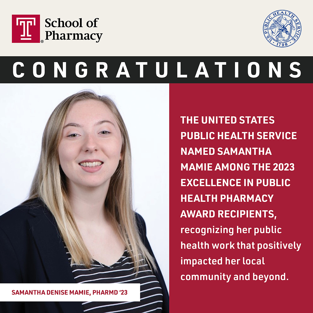 Soon-to-be Dr. Mamie received the award from @usphspharmacy for 'engaging with key constituents across multiple public health sectors to develop and implement programs that address the priorities of the Surgeon General.' Read more dcp.psc.gov/OSG/pharmacy/s… @templeuniv #templemade