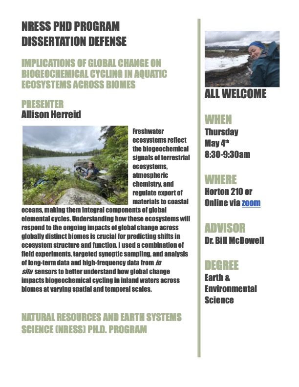 Congratulations to Allison Herreid on her upcoming dissertation defense on May 4th from 8:30-9:30am. All are welcome, Horton 210 or online via zoom!