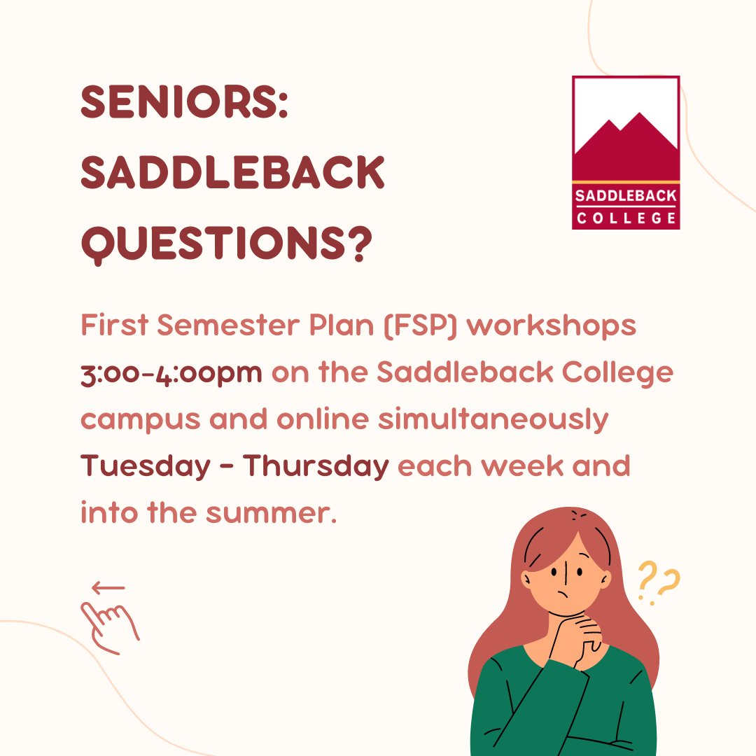 CUSDfutureology's tweet photo. For students attending Saddleback College this Fall, Saddleback College will be hosting FSP (First Semester Plan) workshops if you need help planning for Fall 2023. 

Call 949-582-4572 to schedule an appointment for FSP. https://t.co/ppbudV4sGz