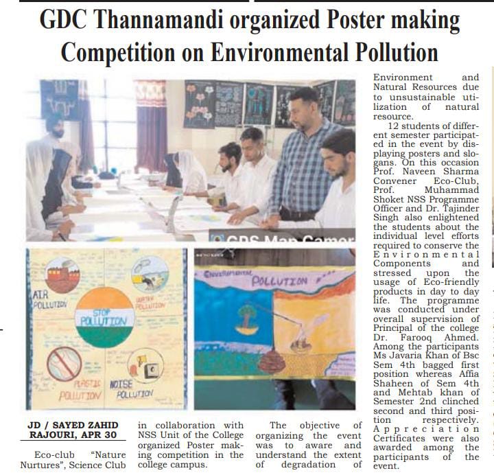 NssGdctmd's tweet photo. Eco-club "Nature Nurtures", Science Club in collaboration with NSS Unit organized Poster making competition on degradation of Environment and Natural Resources due to their un-sustainable utilization.
@NssrdD @_NSSIndia @NssJammu @OfficeOfLGJandK @muhammad_shoket @YASMinistry https://t.co/kydgFB3lwQ