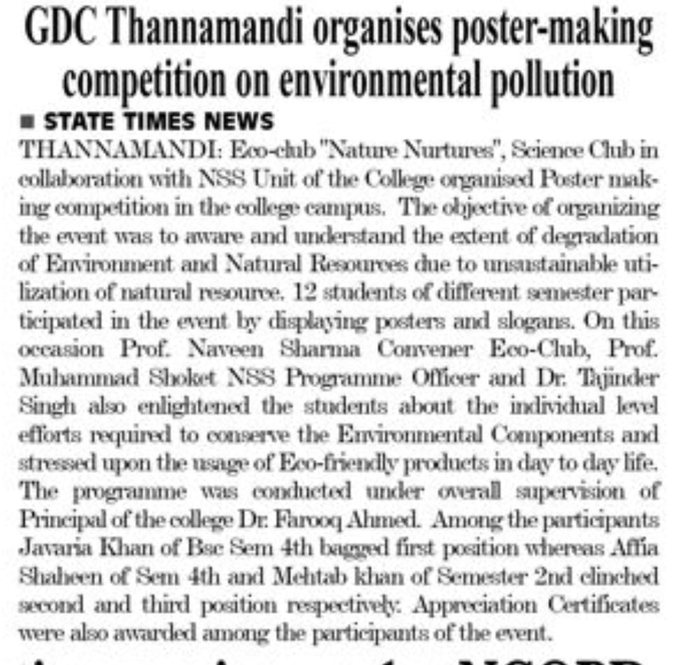 NssGdctmd's tweet photo. Eco-club "Nature Nurtures", Science Club in collaboration with NSS Unit organized Poster making competition on degradation of Environment and Natural Resources due to their un-sustainable utilization.
@NssrdD @_NSSIndia @NssJammu @OfficeOfLGJandK @muhammad_shoket @YASMinistry https://t.co/kydgFB3lwQ