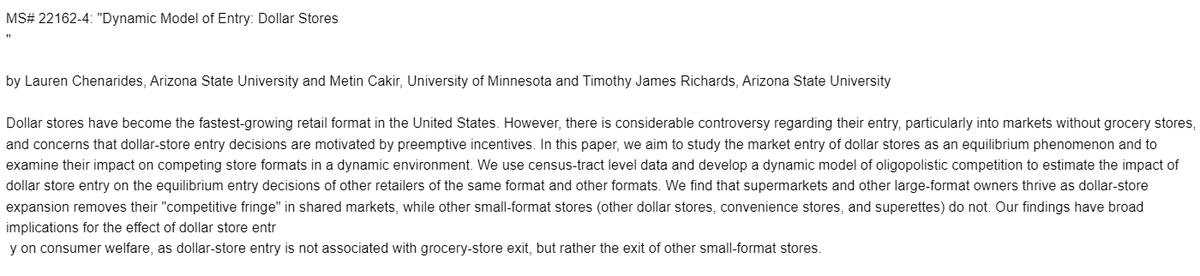 Forthcoming in the AJAE: "Dynamic Model of Entry: Dollar Stores," by Lauren Chenarides, Metin Cakir, and Timothy Richards