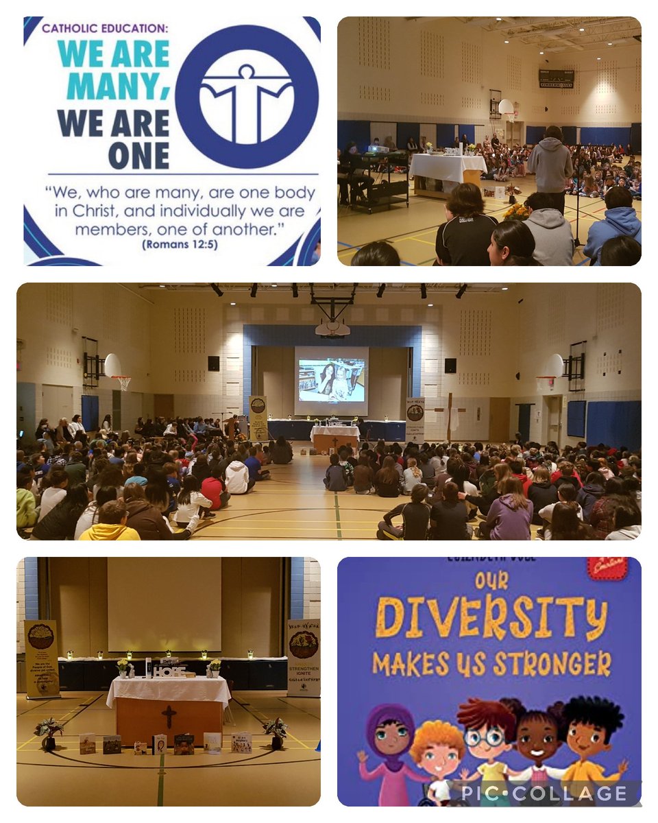 PantherVP's tweet photo. Celebrating the start of Catholic Education Week with an assembly and prayer. #WeAreManyWeAreOne Our diversity makes us stronger. #Wisdom #CatholicEdWeek #WCDSBAwaken @MsKeleherSTC  @STCTimberwolves @WCDSBNewswire https://t.co/ZmjdyYRmDk