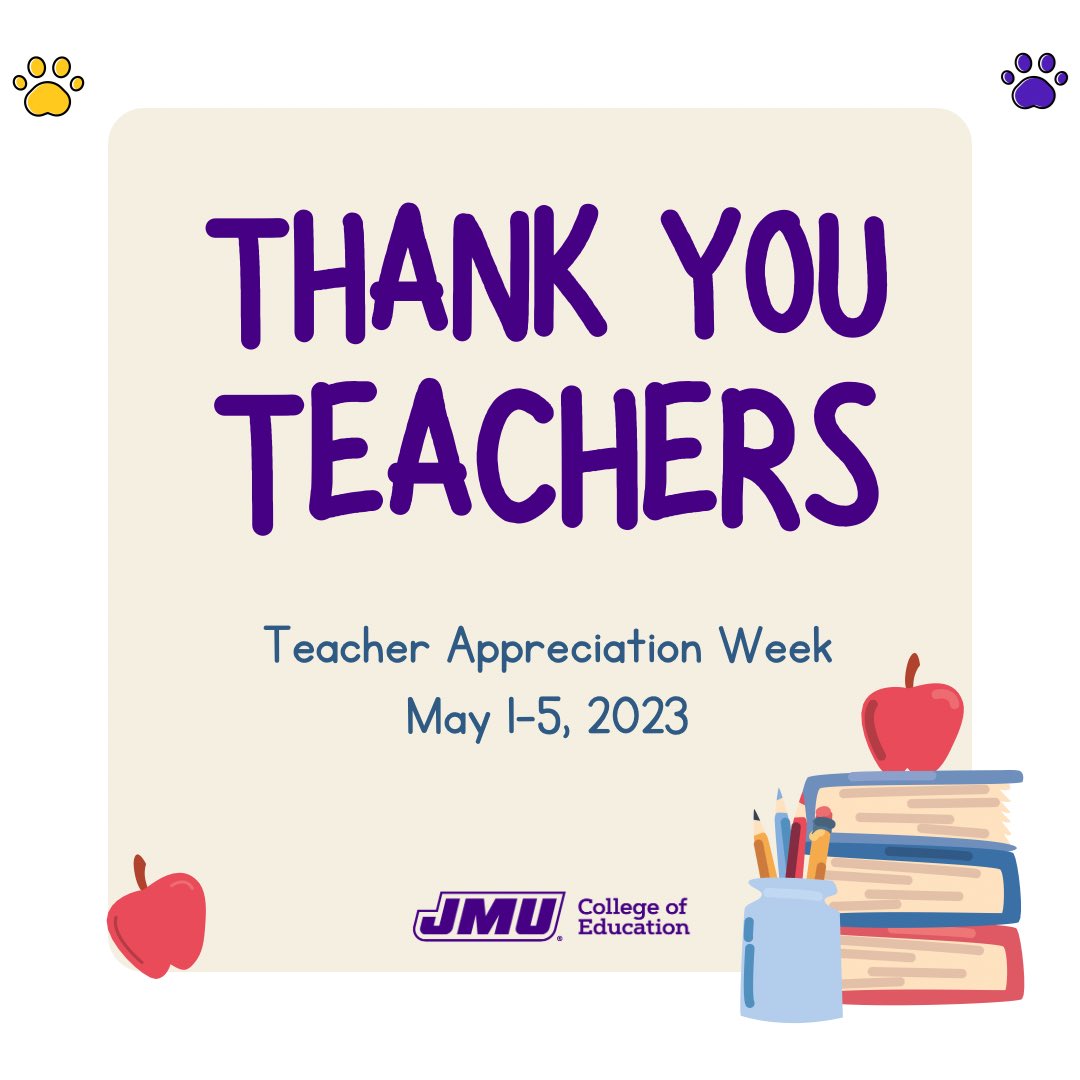 Wishing all of our former, current, and future Dukes Educators a Happy Teacher Appreciation Week!!! Make sure to give a shout-out to your favorite teacher!!! #TeacherAppreciationWeek #jmucoe