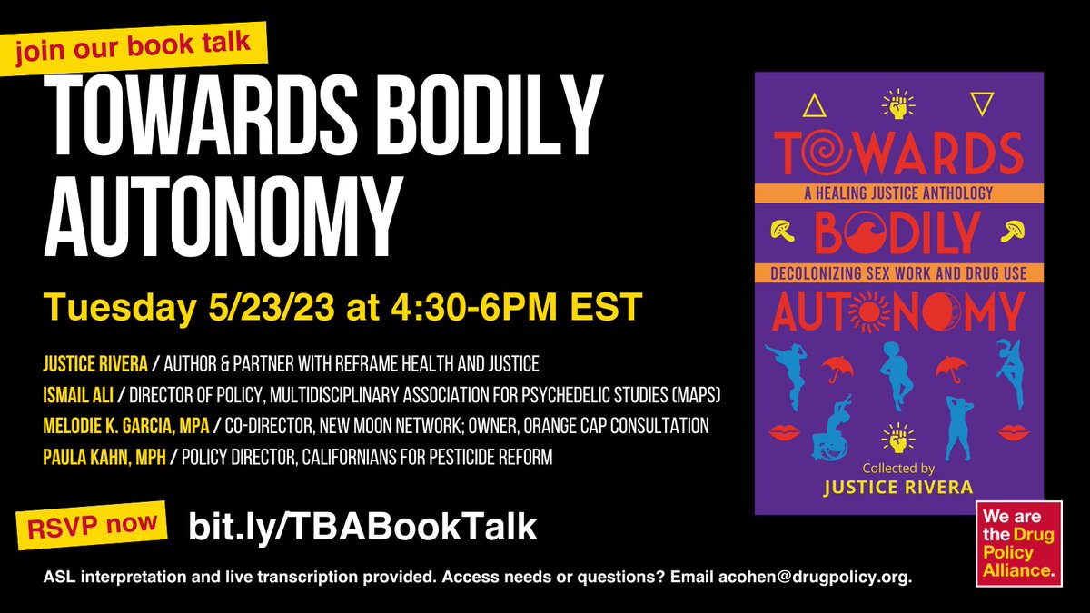 TOMORROW! Join <a href="/DrugPolicyOrg/">Drug Policy Alliance</a> for a book talk with <a href="/Justice_writes/">Justice Rivera</a>, <a href="/sage_izzy/">ismail el ali</a>, <a href="/Paula_Graciela_/">Paula Graciela Kahn, MPH</a>, and @seattle_on_fire. 

Come discuss bodily autonomy, healing justice, and a vision for the world we deserve.

Register at bit.ly/TBABookTalk