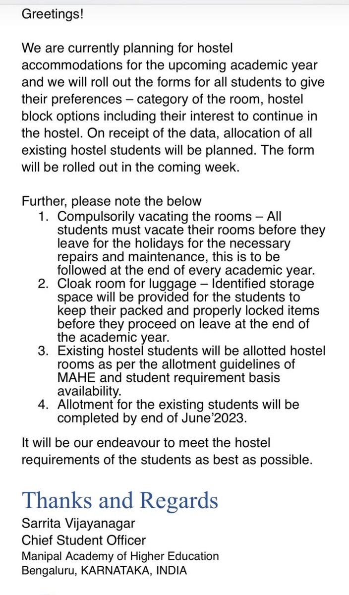 MIT_B_MAHE's tweet photo. Reply that makes no commitment - vague and bureaucratic mumbo jumbo. 
Simple Question is - are you allotting hostel rooms at "MITB Hostel" for II year BTech students 23-24? Give a clear Yes or No.
@MaheAffairs 
@manipalblog https://t.co/zoMcGZZfzE