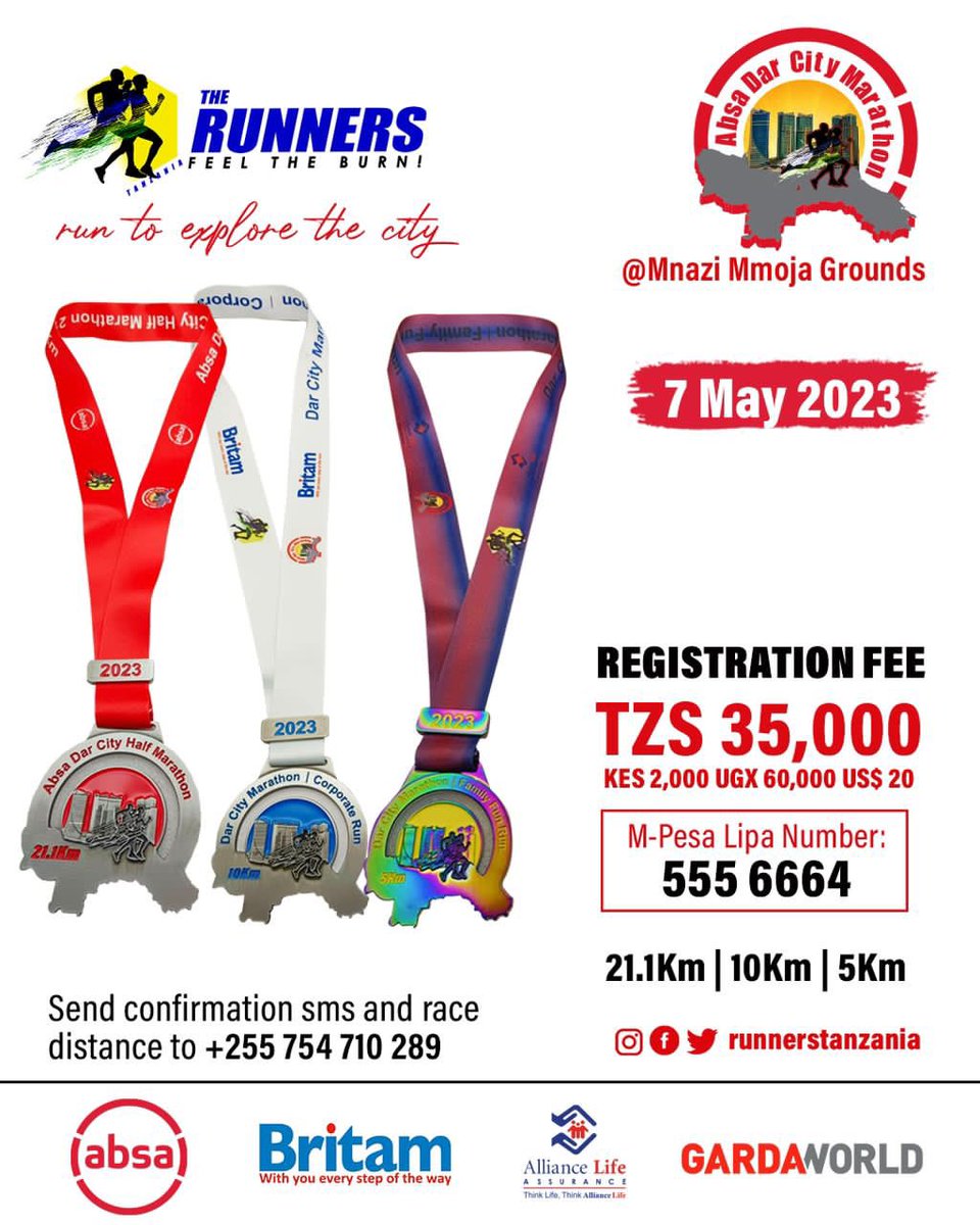 RunnersTanzania's tweet photo. Absa Dar City Marathon 2023

Medal reveal 🔥🔥🔥

The CITY RACE series is calling, will you answer? 

In EXACTLY 6 days, we'll be painting the streets of Dar es Salaam Red/Blue/white! 

#absadarcitymarathon #darcitymarathon #medal #marathon #run #runnerstanzania https://t.co/qcY5cP2T4S