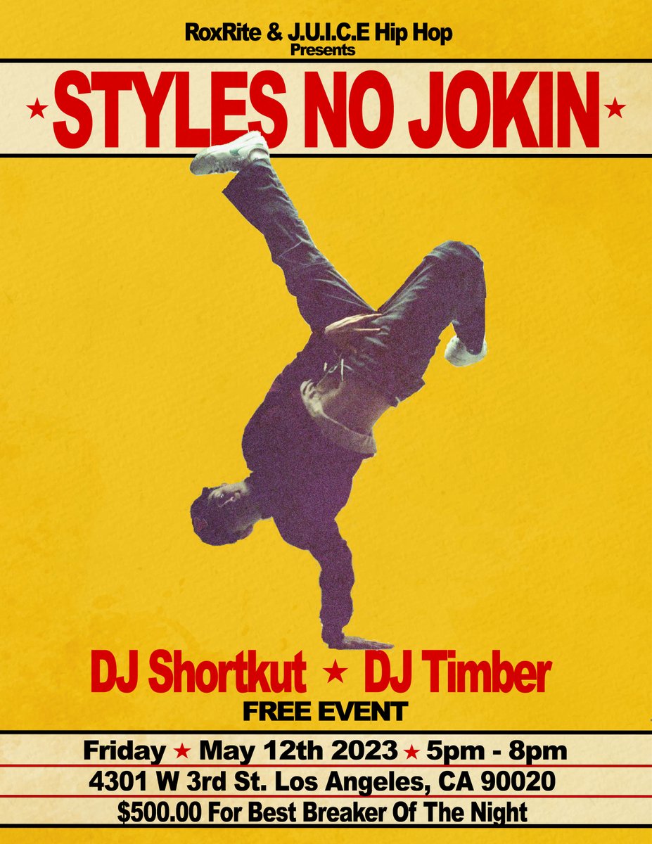 May 12th Free Event 5-8pm
Will be at the rooftop of the parking structure connected to the YMCA on 4301 W 3rd St, LA 90020
Come get down and vibe, pre Red Bull BC One LA Jam