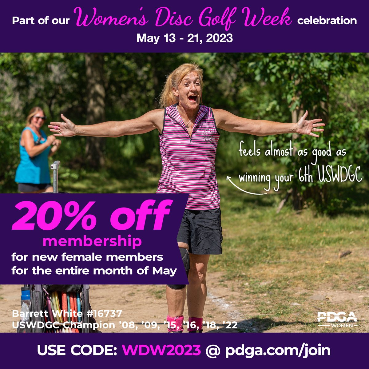 pdgawomen's tweet photo. 🤗 20% off membership all month long for new female PDGA members! Use code WDW2023 at https://t.co/Or6dN6H62C! 

#discgolf #respectHERgame #PDGAWDGW https://t.co/daK8uTs06h