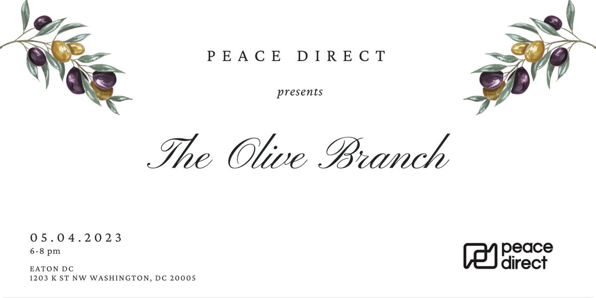 AfPeacebuilding's tweet photo. #PeaceCon2023: Looking for a fun way to make a difference? @peacedirect's spring fundraiser, The Olive Branch, is the perfect opportunity to sip cocktails, mingle, &amp; support local peacebuilders. Join us May 4th at Eaton DC! 🍸🌿 #TheOliveBranch

https://t.co/2mxZs7s0ka https://t.co/qVCkIbGub4