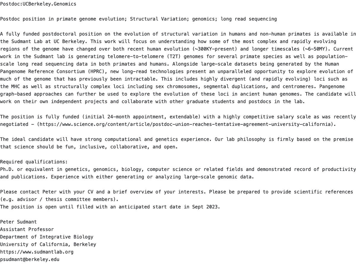 Come join us! 

A fully funded postdoctoral position on the evolution of structural variation in humans and non-human primates is available in the Sudmant Lab at UC Berkeley! Check out details here sudmantlab.org/join.html