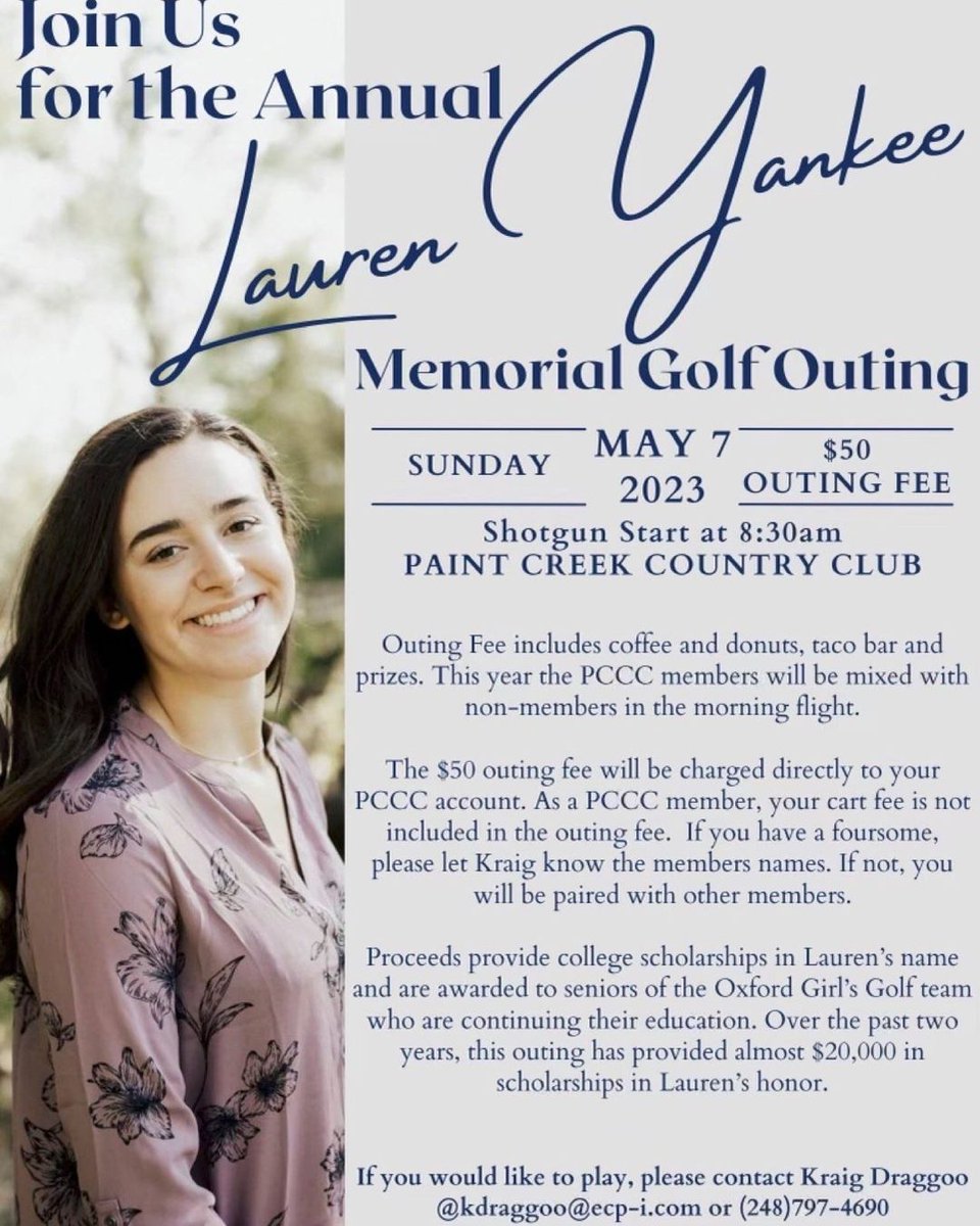 Join us for the annual Lauren Yankee Memorial Golf Outing on Sunday, May 7th! See below for details.
