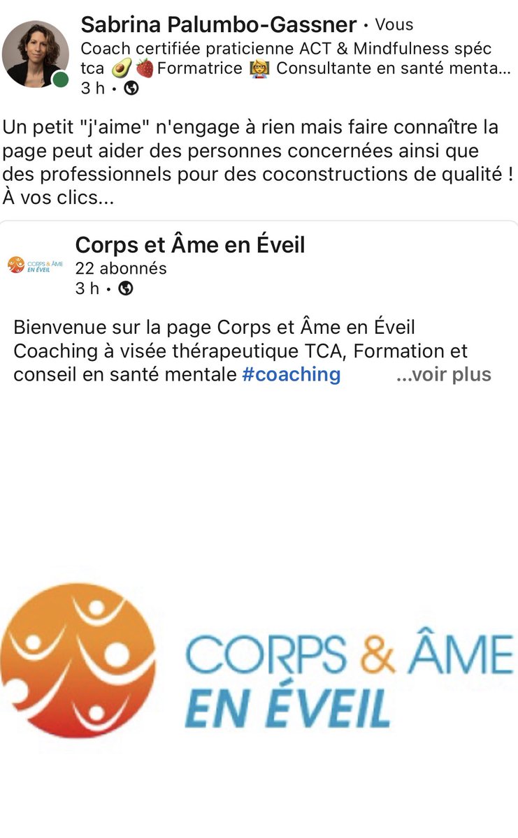 Nouveau : ma page #entreprise sur #Linkedin 
Un petit clic ou partage n’engage à rien et peut aider. Je suis à votre écoute pour tout projet en lien avec mes domaines d’expertises

linkedin.com/company/corps-…

#tca #coaching #formation #conseil #santémentale #innovation #digital #web