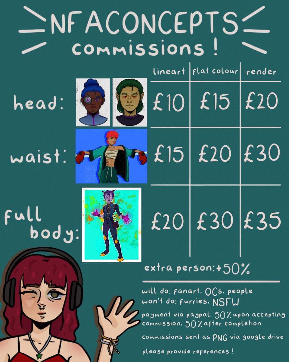 SarahEd1981's tweet photo. My daughter is studying Comic and Concept Art at Uni and has opened up commissions 😊

facebook- Lily Taylor Edwards
instagram- nfaconcepts
twitter- nfaconcepts https://t.co/Nk2FPxw6yv