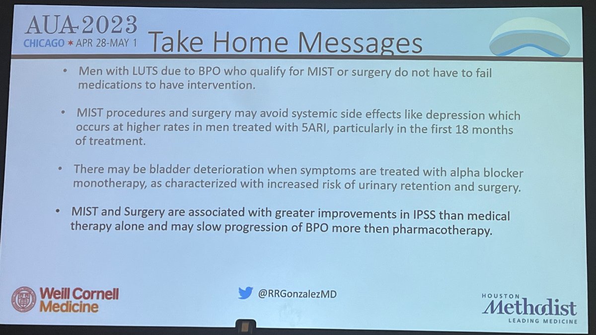 I change my approach to LUTS #AUA23 
Do: MIST &Surgery and don’t wait medications fail
👇
⏺️Avoid side effects of meds: depression (5ARI),etc
⏺️Bladder deterioration w α-Blocker monoTx &⬆️ risk of AUR & surgery
⏺️Have⬆️improvement in IPSS & slow more progression of BPO than meds