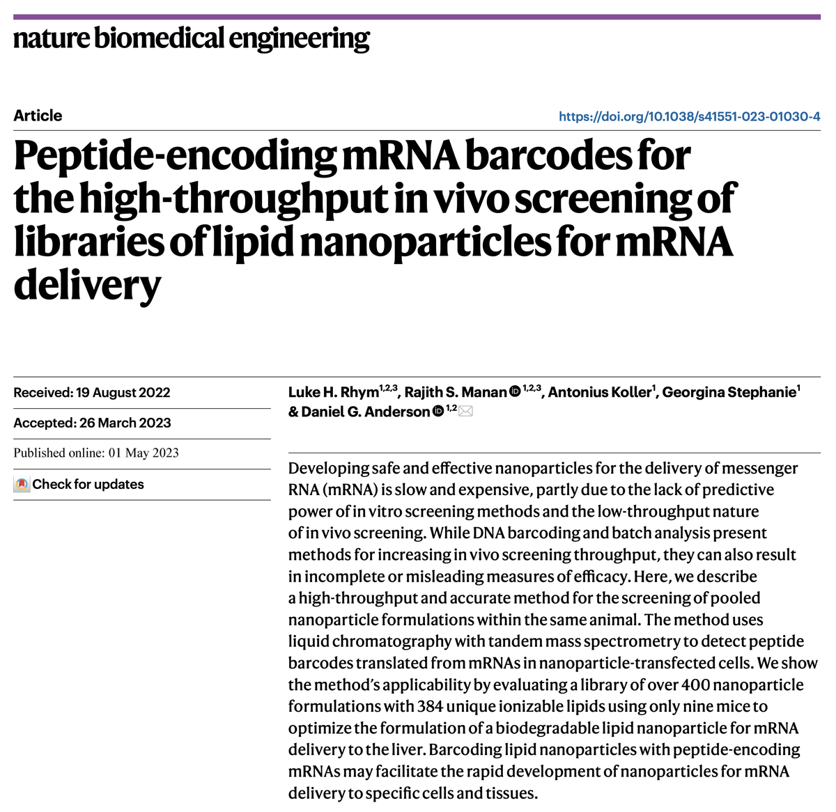 natBME's tweet photo. Peptide-encoding mRNA barcodes for the high-throughput in vivo screening of libraries of lipid nanoparticles for mRNA delivery

https://t.co/hn1E5jpsCS https://t.co/b6hhwWZjiW