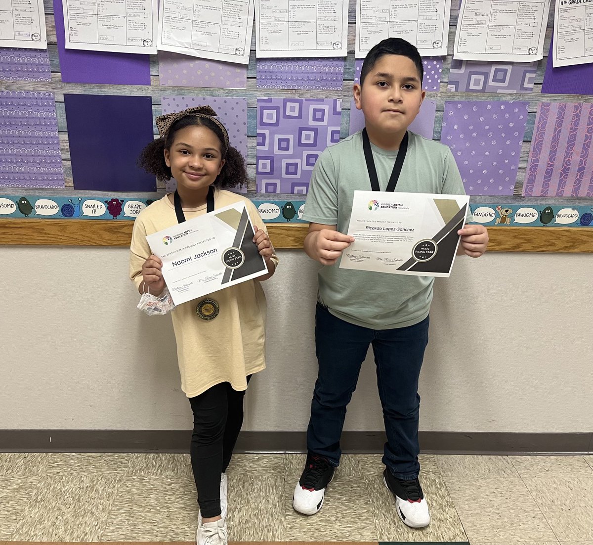 Lakeside’s WAEF Music Rising Star Award Winners! Congratulations to Naomi and Ricardo! #WarrenWill ⁦<a href="/Lakeside_Lions/">Lakeside Elementary</a>⁩ <a href="/Warrenartseduc1/">Warren Arts & Education Foundation</a>