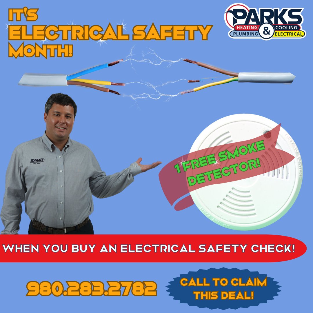 ParksHVAC's tweet photo. May is Electrical Safety Month! We're giving you one more reason to celebrate with a FREE smoke detector with every electrical safety check. Because in the wise words of Benjamin Franklin, "an ounce of prevention is worth a pound of cure." https://t.co/aBR2fCrvYU