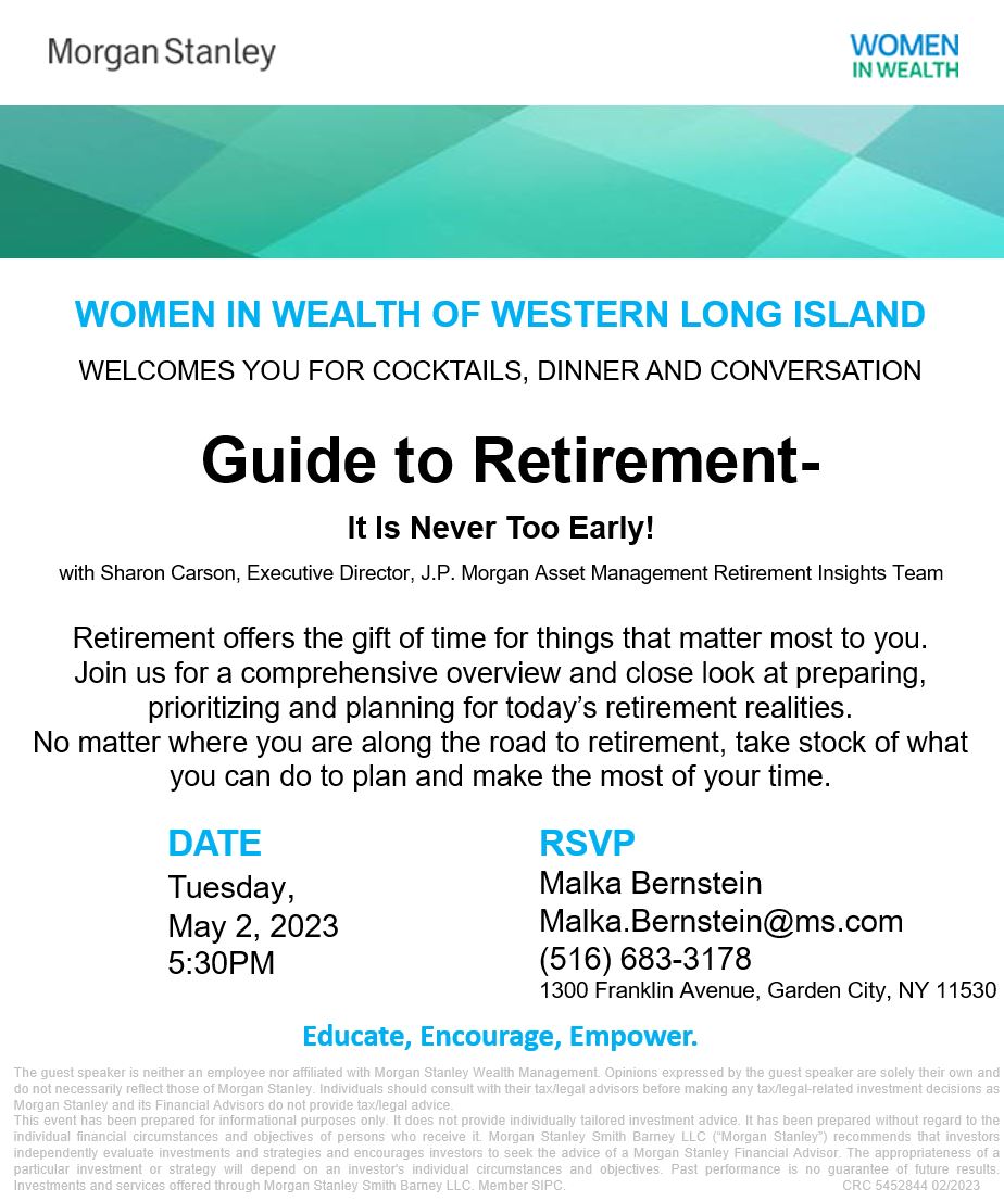 Just a reminder for everyone. Tomorrow is our Guide to Retirement event from the Women In Wealth of Western Long Island. I hope to see you there! #RetirementPlanning #TimeForYou #WomenInWealth #WomenLeaders #WomenInBusiness #LongIsland #Women #LongIslandWomen #Retirement