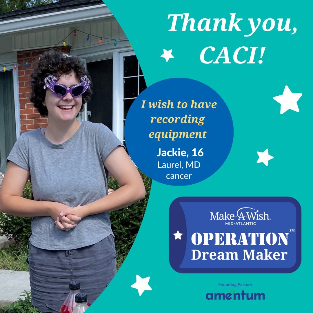 Make-A-Wish Mid-Atlantic (@wishmidatlantic) on Twitter photo Thank you, <a href="/CACIIntl/">CACI International Inc</a>, for supporting Operation Dream Maker! Thanks to your generous gift, military wish kids like 16-year-old Jackie are able to experience the hope and joy of a wish come true. #CACIcares #TeamCACI #MilitaryAppreciationMonth #military Thank you, <a href="/CACIIntl/">CACI International Inc</a>, for supporting Operation Dream Maker! Thanks to your generous gift, military wish kids like 16-year-old Jackie are able to experience the hope and joy of a wish come true. #CACIcares #TeamCACI #MilitaryAppreciationMonth #military