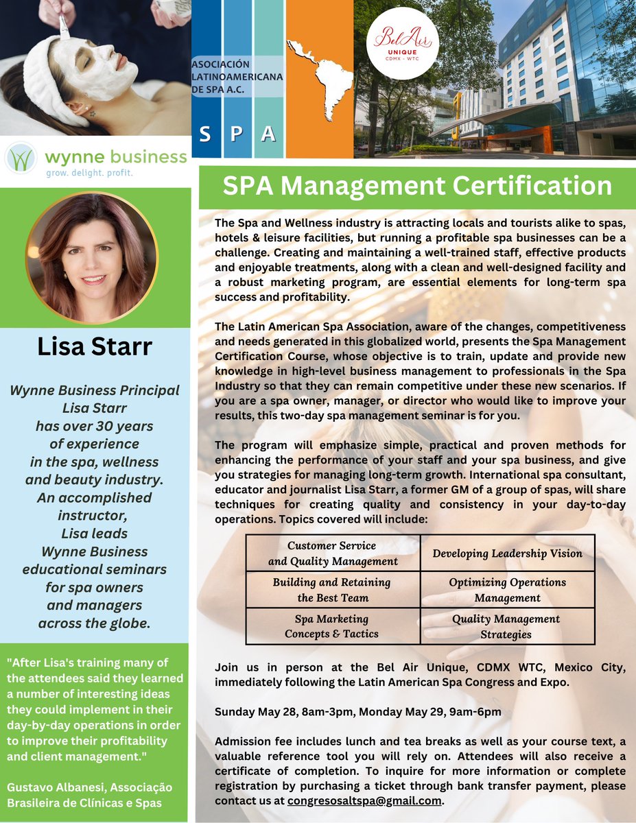 StarrTalk's tweet image. Coming up quickly! Get your #spadirectors #spamanagement #spamanager to @Belair_Unique for this #SpaManagementCertification.
#AsociacionLatinoamericanadeSpa #mexico May 28-29
Please purchase your ticket by emailing congresosaltspa@gmail.com