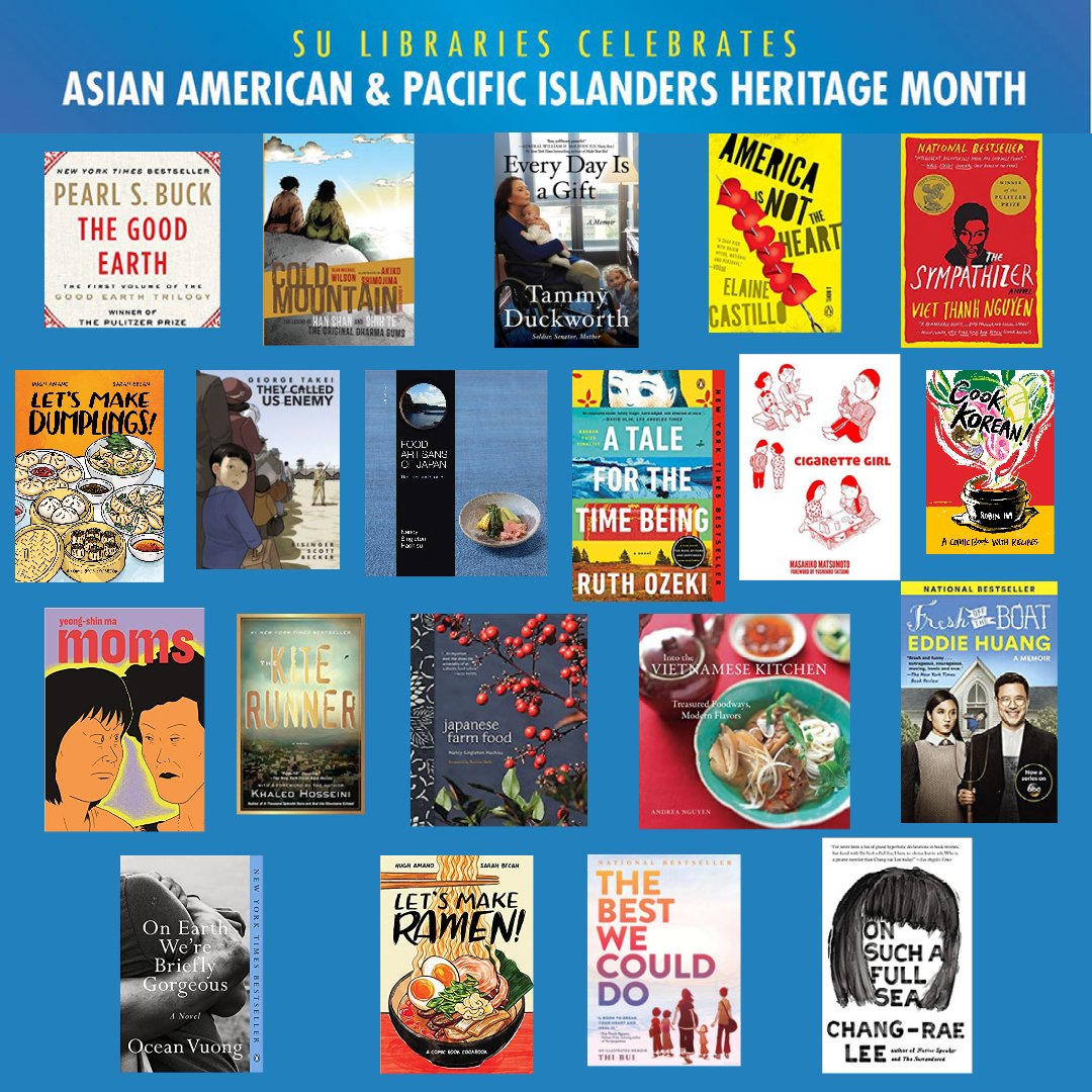 May is Asian/Pacific American Heritage Month – a celebration of Asians and Pacific Islanders in the United States. The AAPI umbrella term encompasses the entire Asian continent &amp; the Pacific islands of Melanesia &amp; Polynesia. Celebrate #aapimonth with a book @ SU Libraries!