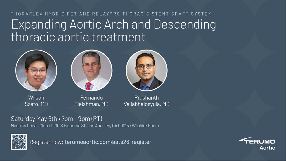 Have you reserved your seat for our dinner symposium? You won’t want to miss this opportunity to learn about how Thoraflex Hybrid &amp; RelayPro expand aortic arch and descending thoracic aortic treatment. 
terumoaortic.com/aats23-register
#AATS #Thoracicsurgery #Thoraflexhybrid #RelayPro