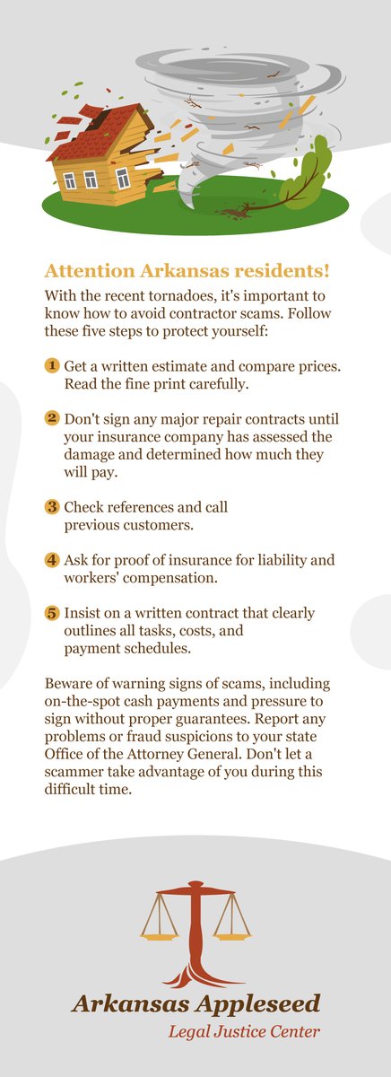 ARAppleseed's tweet photo. We understand that dealing with the aftermath of tornadoes can be challenging, and the last thing you need is to fall victim to contractor scams. To protect yourself, get written estimates, check references, ask for insurance proof, and insist on a clear contract. https://t.co/Y4BsKXl07M