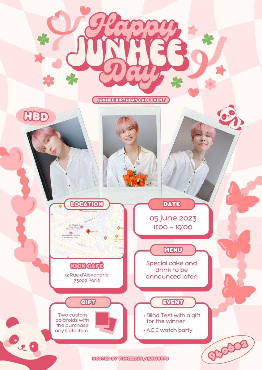 tinheejun's tweet photo. Hi choice!! To celebrate our favorite leader's birthday, a cafe event will take place really soon 🤍

🇫🇷 Paris, France
📍 Kick Cafe
🗓️ June 5th from 11am to 7pm

More infos below 🍀
If you have any question you can dm me!

#ACE #JUN #에이스 #준 #박준희 https://t.co/MnWYVH3c6f