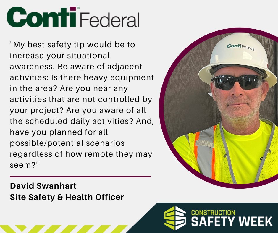 For day 2 of #ConstructionSafetyWeek, we're focusing on #RiskIdentification. Conti Federal SSHO, Dave Swanhart, CHST, is currently working on our Jersey City Medical Center floodwall project and shares how you can be proactively cognizant of potential risks on the job site.