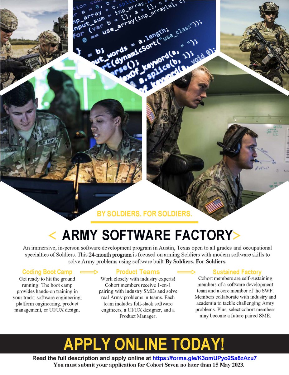 Are you interested in developing innovative applications and tools to help Soldiers and support Army Modernization??  ASWF is NOW accepting applications for Cohort 7!  

The application window 1 - 15 MAY.  Apply Here:  lnkd.in/gfM3xemE 

"By Soldiers. For Soldiers"