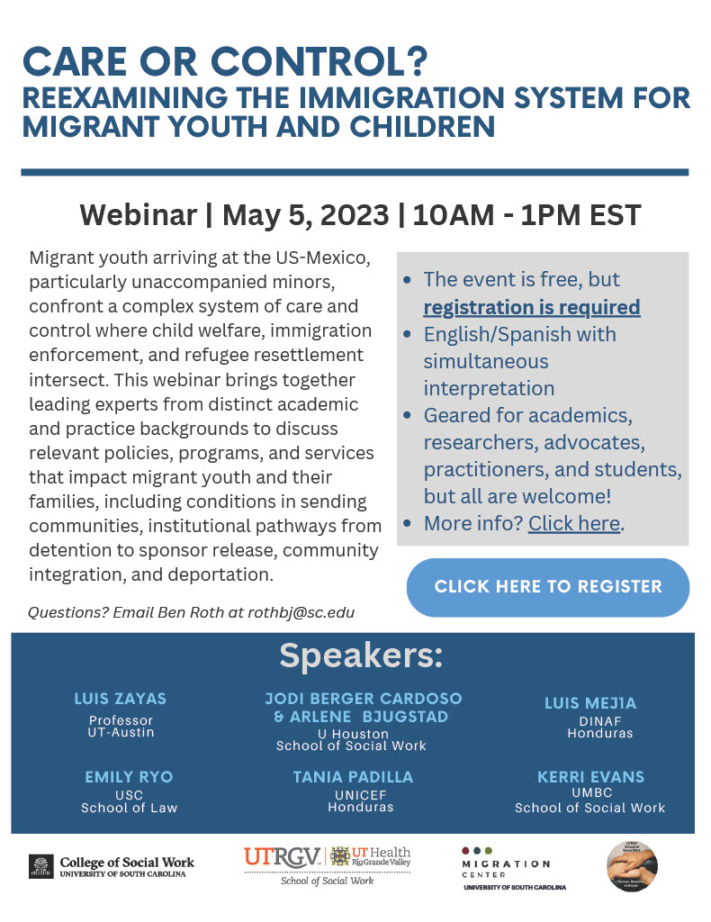 This Friday! 'Care or Control? Reexamining the immigration system in place for youth and children' A free, bilingual English/Spanish zoom webinar. 10am-1pm EST. Register here: us06web.zoom.us/webinar/regist…