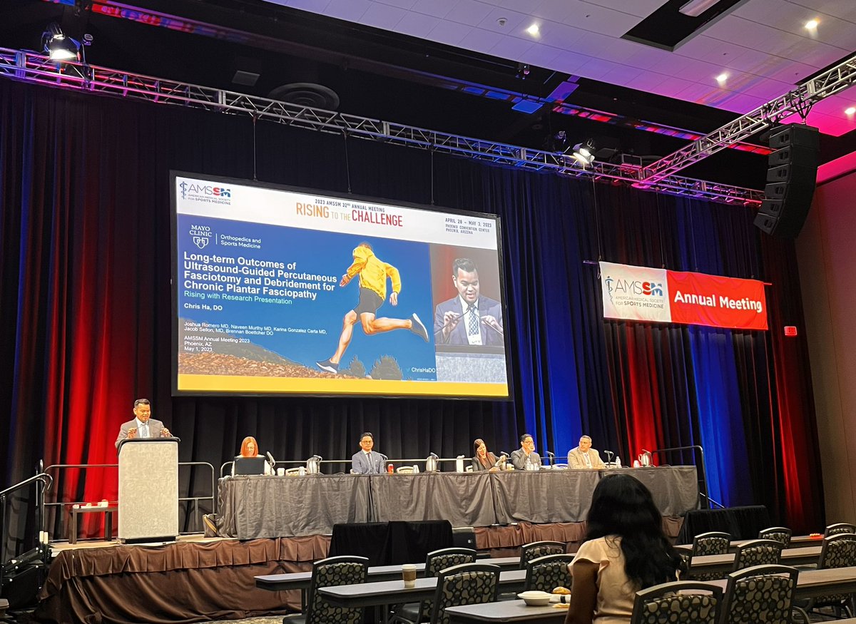 Grateful to present our plantar fasciopathy study at #AMSSM2023! 👉 Longest follow-up data to date for Tenex in chronic PF (6.6 yrs) ✅ 91% of patients satisfied 📉 90% reduction in VAS-Pain Thanks to the fantastic team @mayoclinicsport for the support and mentorship!
