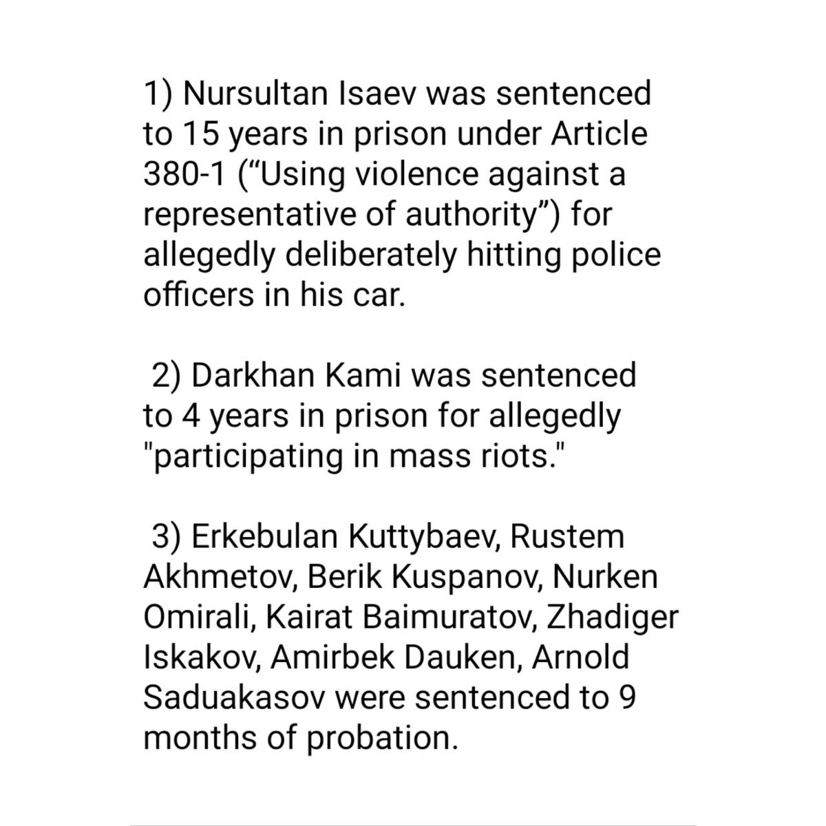 JomartAbdigapar's tweet photo. 2/4
On February 1, 2023, the verdict was announced in a politically motivated criminal case:
@crdefenders
@larawoltersEU
@GrudlerCh
#ProtestJanuary2022
#internationalinvestigation https://t.co/b81KmXxwhb